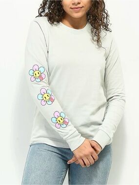 Jac Vanek grey Long-Sleeve Tee with Colorful Flower Smiley Prints